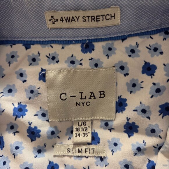 C-LAB NYC Long Sleeve 4 Way Stretch Shirt Mens L 16.5 Slim Fit White Blue Floral - Picture 3 of 9